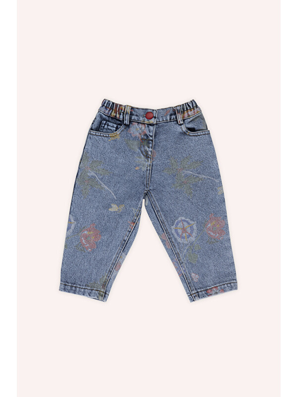 Panço Kız Bebek Desenli Mavi Jean Pantolon