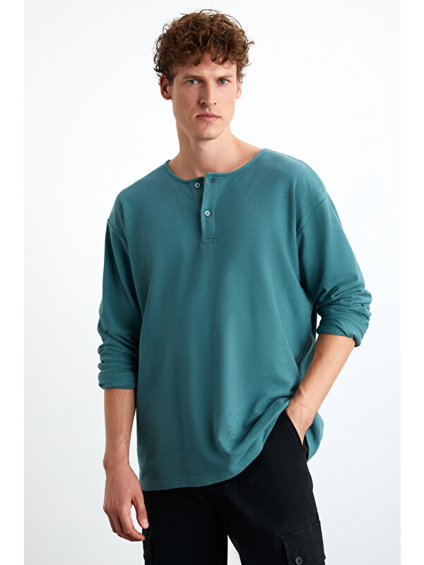 GRIMELANGE Lorenzo Erkek Özel Rustik Dokulu %100 organik Pamuk Düğme Detaylı Regular YEŞİL Sweatshirt