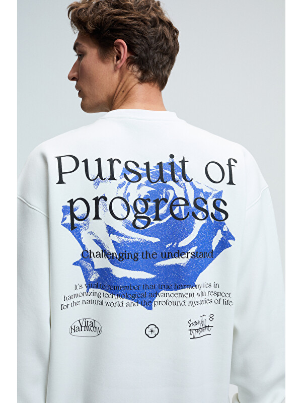 GRIMELANGE ALDEN Erkek Yuvarlak Yaka Göğsü Ve Sırtı Baskılı Relaxed Fit BEYAZ Sweatshirt