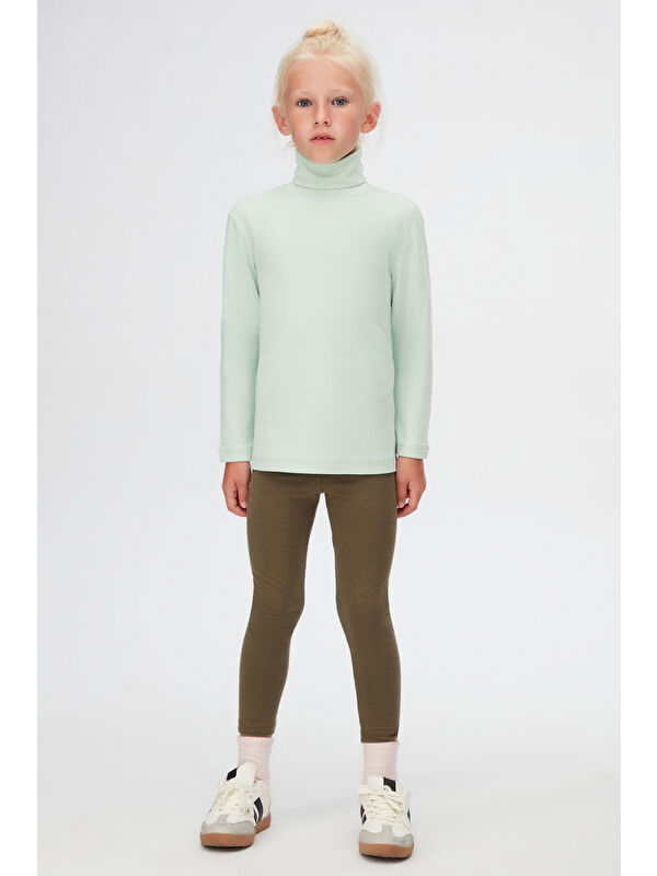 Lovetti Soft Yeşil Basic Kışlık Tam Balıkçı Yaka Uzun Kollu Kız Çocuk Tişört