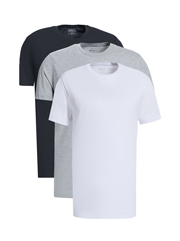 AC&Co / Altınyıldız Classics Erkek K.GRI-SIYAH-BEYAZ Slim Fit Bisiklet Yaka 3'lü %100 Pamuk Tişört Paketi