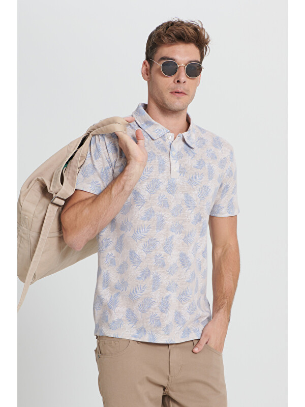 AC&Co / Altınyıldız Classics Erkek EKRU SAKS Dar Kesim Polo Yaka Baskılı Tişört