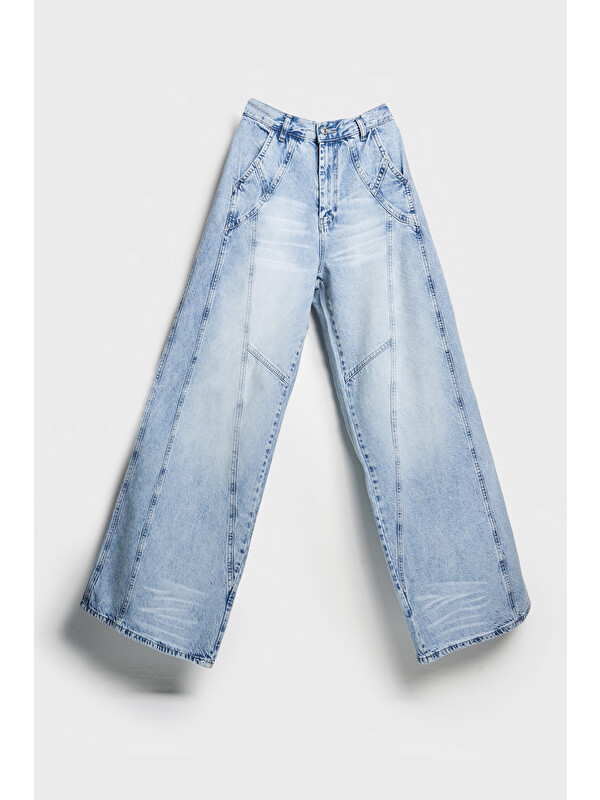 It's Basic Kadın Jean Rengi 4S5-3 Mega Baggy Fit Süper Bol %100 Pamuk Rahat Kesim Denim Jean