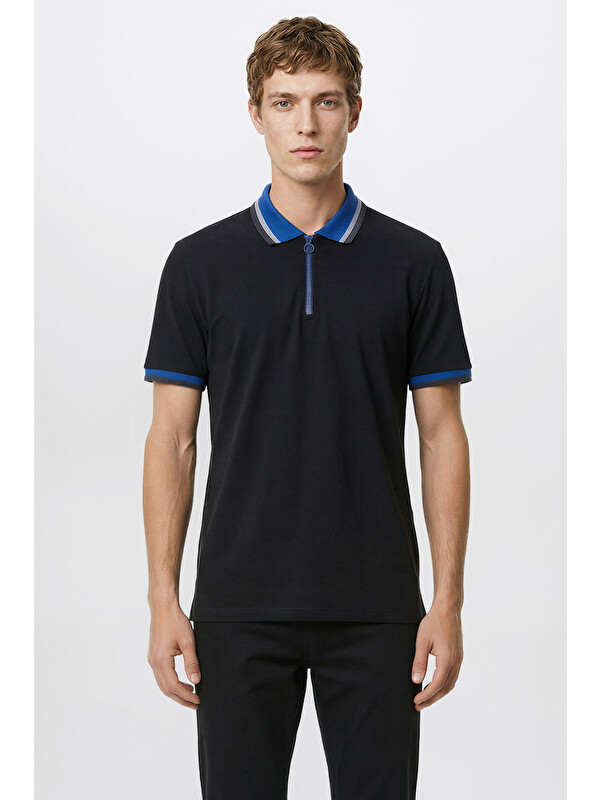 AC&Co / Altınyıldız Classics Erkek Siyah-Saks Regular Fit Geniş Kesim Polo Yaka %100 Pamuk Tişört