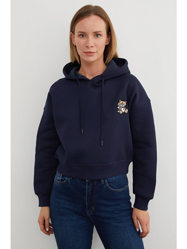 Fullamoda 3 İplik Ayıcık Nakışlı Kapüşonlu Sweatshirt