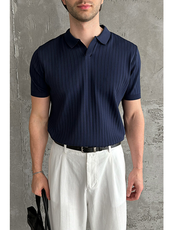 HYMAN Erkek Oversize Fitilli Polo Yaka İnce Triko Tişört