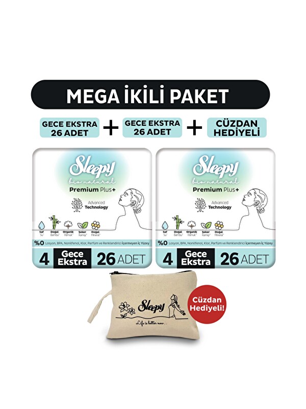 Sleepy Bio Natural Premium Plus Hijyenik Ped Mega Paket Gece Extra 26x2 (52 Adet) + Cüzdan Hediyeli