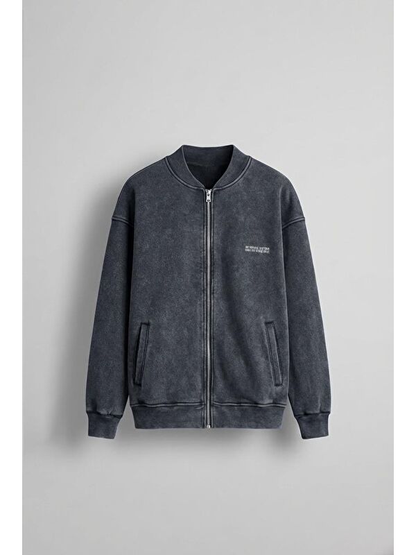 Abluka Online Oversize Yıkamalı Erkek Fermuarlı Sweatshirt Hırka Siyah