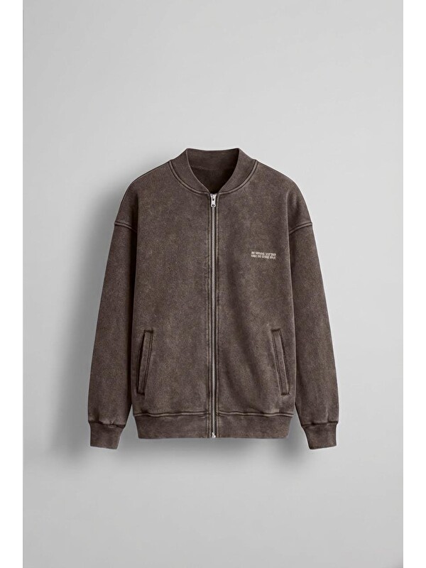 Abluka Online Oversize Yıkamalı Erkek Fermuarlı Sweatshirt Hırka Kahverengi