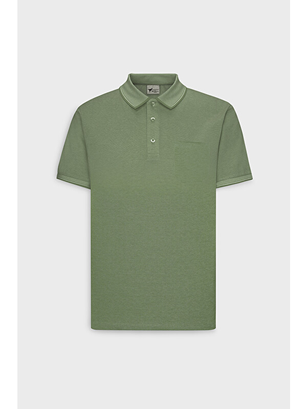 AC&Co / Altınyıldız Classics Erkek Yeşil Pamuklu Comfort Fit Rahat Kesim Polo Yaka Cepli Tişört