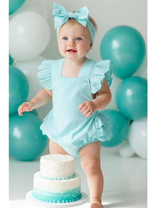 Parla Kids Kız Bebek Mint Pamuklu Salopet ve Bandana Tulum Takım