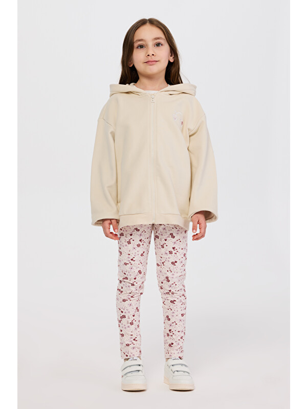 Panço Kız Çocuk Fermuarlı Kalp Detaylı Bej Sweatshirt