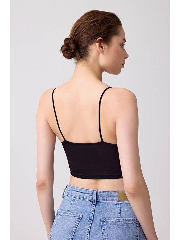 Cottonhill Siyah Pamuklu İnce Askılı Kadın Crop Top Büstiyer