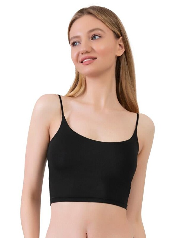 Cottonhill Mikrofiber Dokulu İnce Askılı Siyah Crop Top Büstiyer