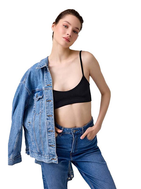 Cottonhill Premium - Kadın Siyah Seamless İp Askılı Crop Top Büstiyer