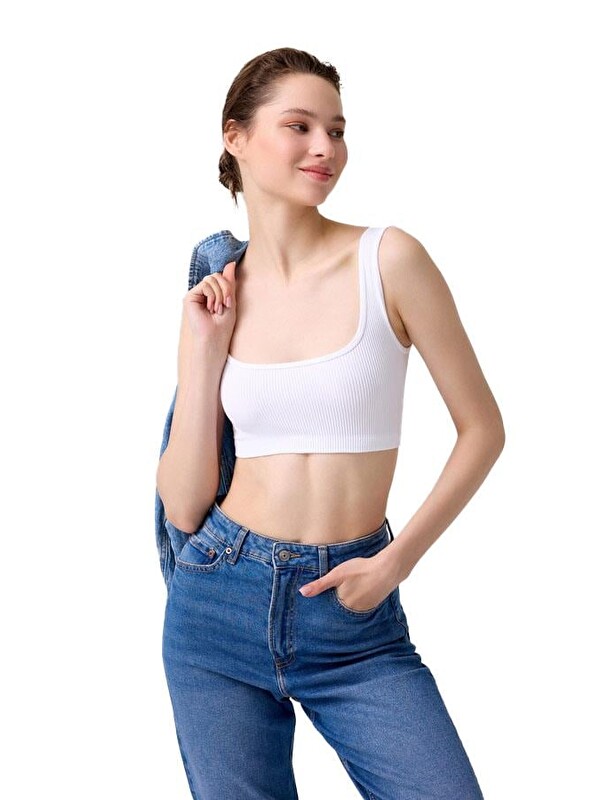 Cottonhill Premium - Kadın Beyaz Seamless Kare Yaka Crop Top Büstiyer