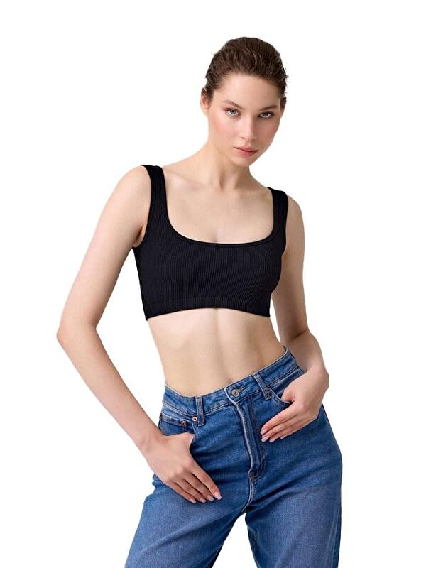Cottonhill Premium - Kadın Siyah Seamless Kare Yaka Crop Top Büstiyer