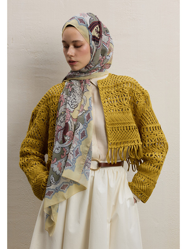 Fresh Scarfs Poppıes Desen İpek Krep Şal Tereyağı