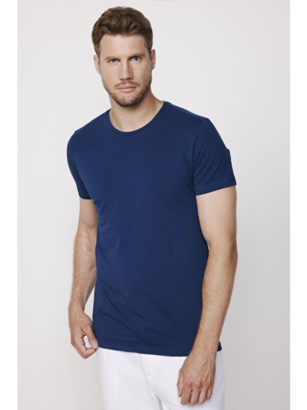 TUDORS Erkek Slim Fit Dar Kesim Pamuklu Yumuşak Dokulu Esnek Kumaş Düz Basic İndigo Bisiklet Yaka Tişört