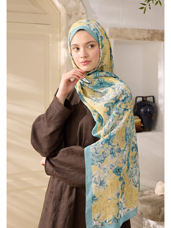 Fresh Scarfs Summer Bloom Desen Rami Şal Soft Mavi