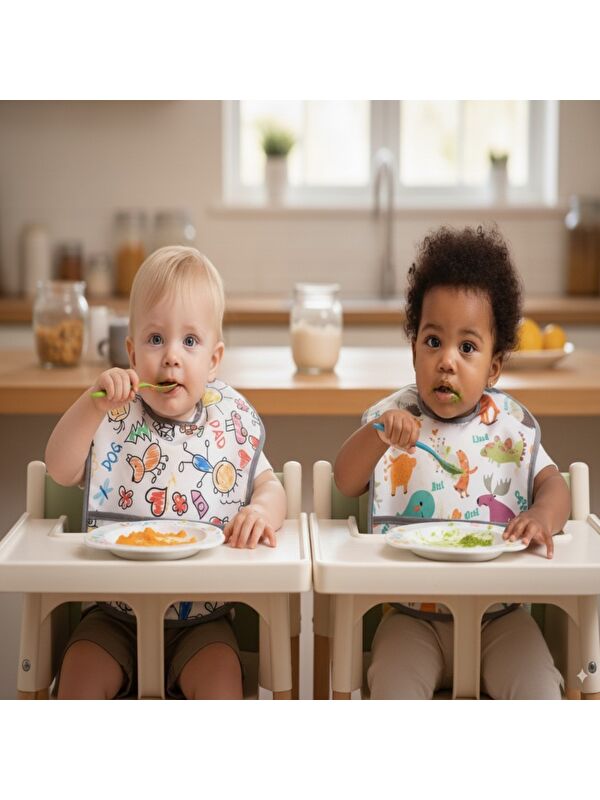 Yorni 2 ADET, Ekonomik SET, 6-24ay, Zoo ve Family Desen, Sıvı Geçirmeyen, Cepli, Cırtlı Mama Önlüğü, Önlük