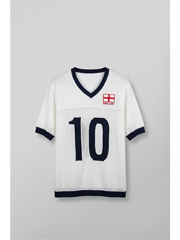 Abluka Online Erkek Oversize Futbol V Yaka Triko Forma T-Shirt Ekru