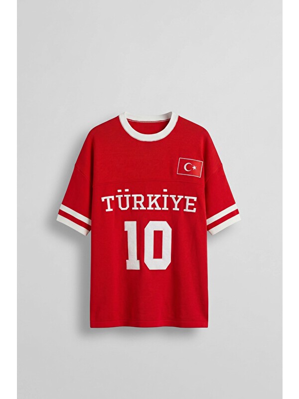 Abluka Online Unisex Oversize Premium Ay Yıldız Triko Forma T-Shirt Kırmızı