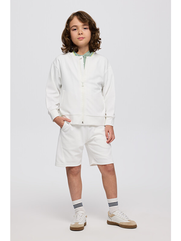 Panço Erkek Çocuk Yakası Ribanalı Cepli Fermuarlı Ekru Sweatshirt