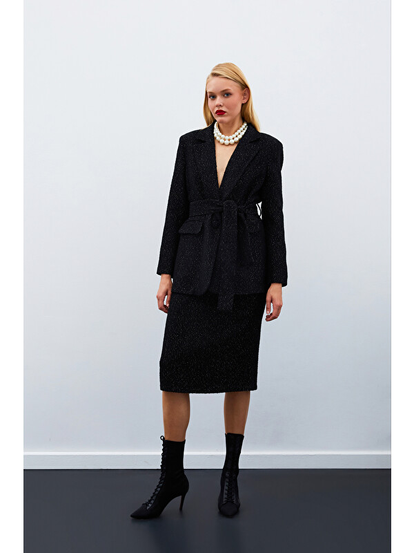 SATEEN Midi Boy Tüvit Etek - Siyah