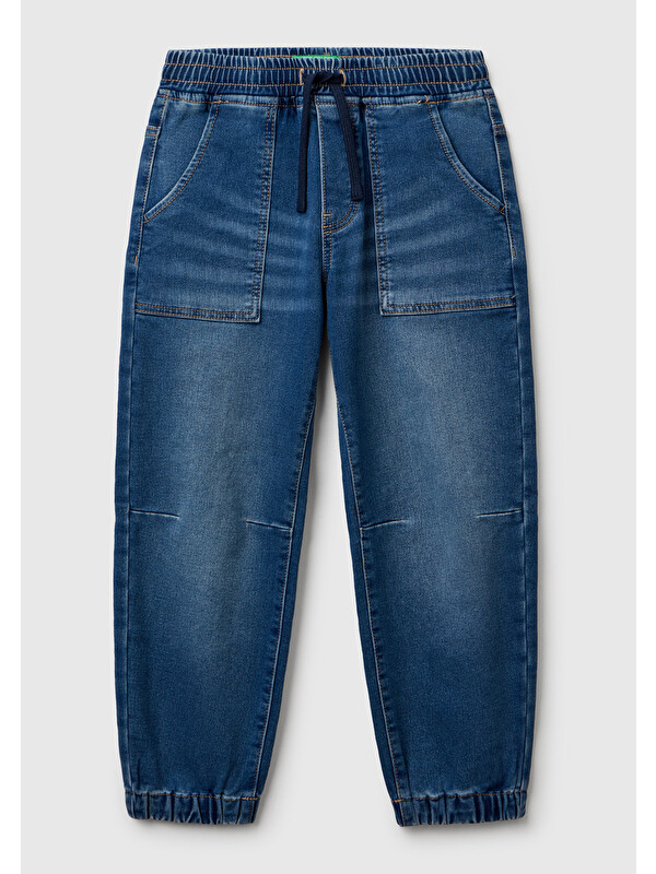 United Colors Of Benetton Erkek Çocuk Koyu Denim Logo Detaylı Büzgü İpli Denim Jogger Pantolon
