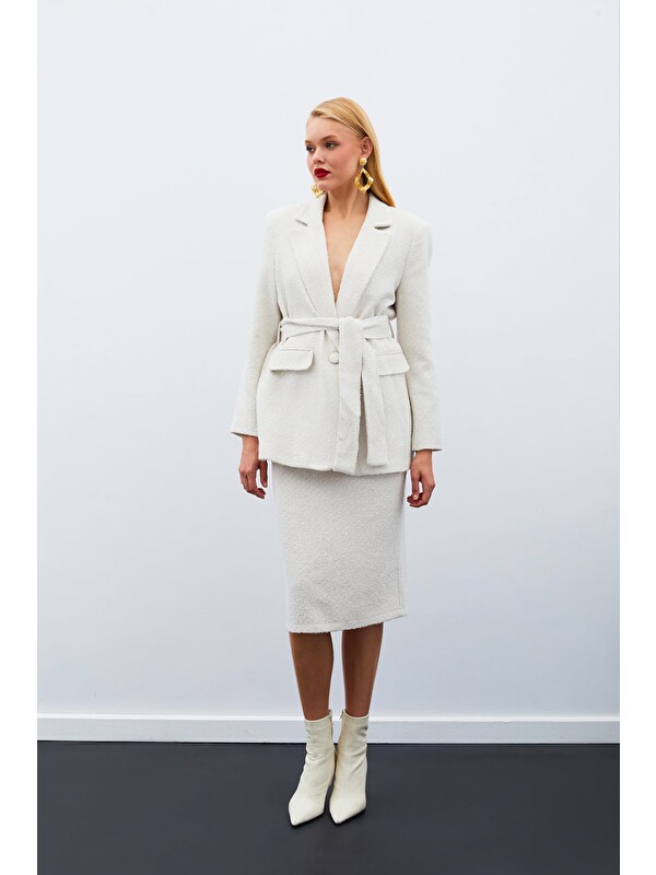 SATEEN Midi Boy Tüvit Etek - Taş