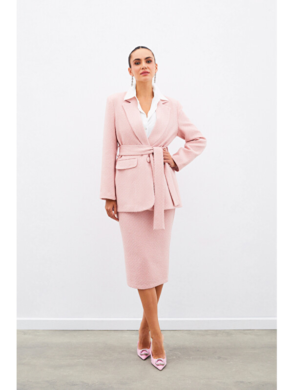 SATEEN Midi Boy Tüvit Etek - Pudra