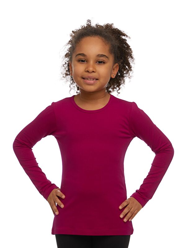 Lovetti Mürdüm Kız Çocuk Düz Basic Elastanlı Uzun Kollu Tişört