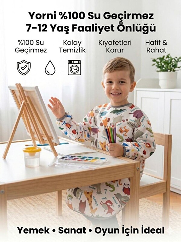 Yorni 7-11 Yaş, Zoo, Sıvı Geçirmez, Makinede Yıkanabilir, Uzun Kollu Çocuk, Aktivite Mama Önlüğü