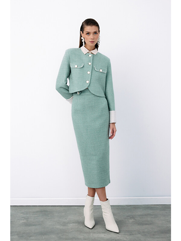 SATEEN Süs Düğmeli Tüvit Kalem Etek - Mint