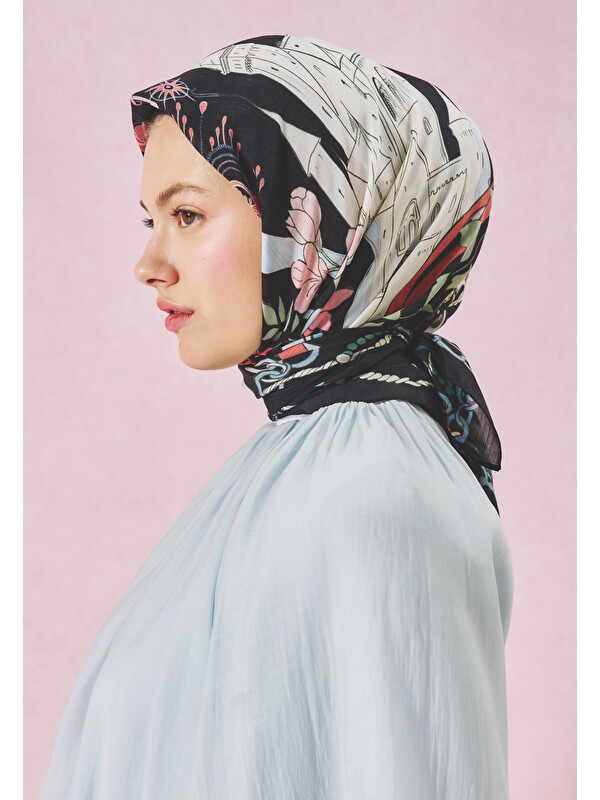 Fresh Scarfs Faırytale Castle Desen Floş Viskon Eşarp Black