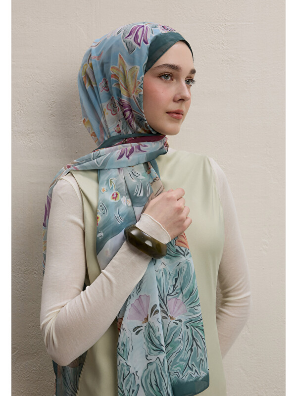 Fresh Scarfs Flower Dreams Desen İpek Krep Şal Mint