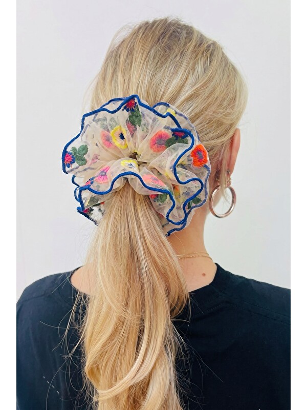 Katia And Bony Çiçek Nakışlı Tül Scrunchie Mavi Dikişli Saç Tokası