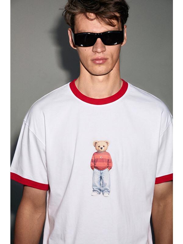 GRIMELANGE BAMSI Erkek %100 Organik Pamuklu Kontrast Yakalı Dünya Kupasına Özel Baskılı BEYAZ T-Shirt