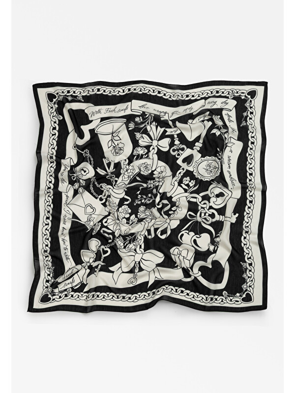 Fresh Scarfs Eternal Love Desen Floş Viskon Eşarp Black