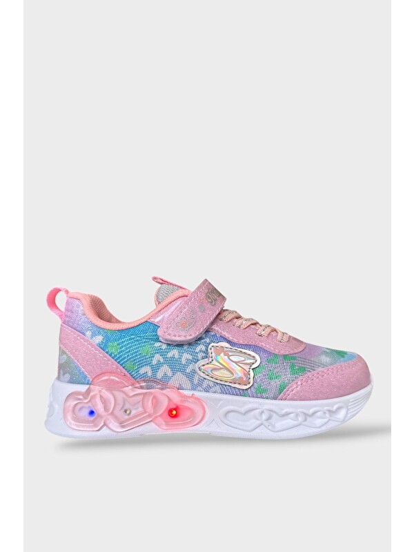 LİGER Çok Renkli Işıklı Cırtlı Hafif Anatomik Taban Günlük Sneaker Kız Çocuk Spor Ayakkabı Pudra