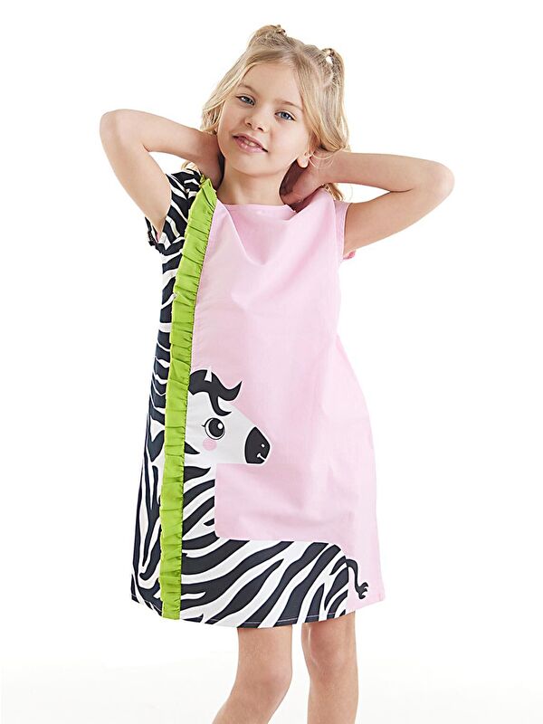 Denokids Fırfırlı Zebra Kız Çocuk Pembe Elbise