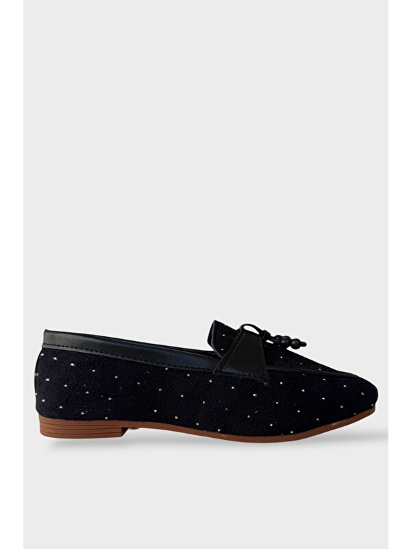LİGER Taşlı Püskül Ahşap Detay Günlük Kadın Babet Sİyah