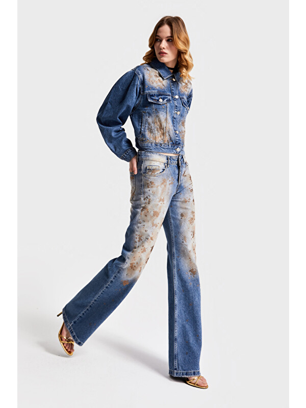 It's Basic Kadın T.Kot Rengi 4S568 Parlak Taşlı Tasarım Baggy Flare Fit Denim Jean