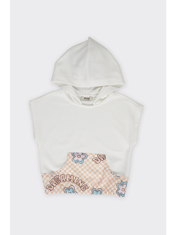 Panço Kız Çocuk Desenli Kanguru Cepli Kapüşonlu Ekru Sweatshirt