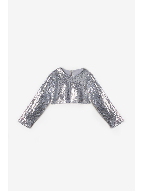 Le Mabelle Gümüş Uzun Kollu Pullu Kız Çocuk Crop Bluz