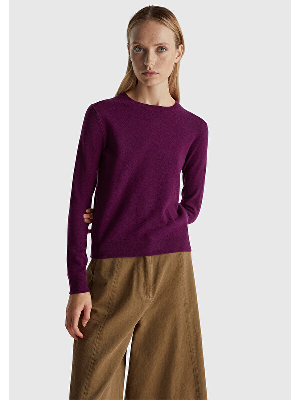United Colors Of Benetton Kadın Mürdüm %100 Merino Bisiklet Yaka Kazak