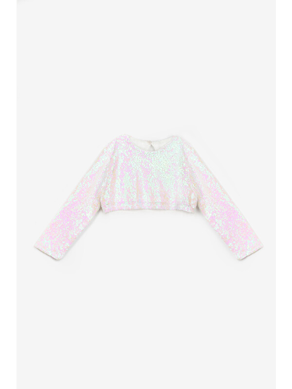 Le Mabelle Beyaz Uzun Kollu Pullu Kız Çocuk Crop Bluz