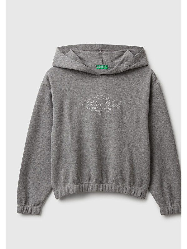 United Colors Of Benetton Kız Çocuk Antrasit Melanj Simli Nakışlı Ribanalı Kapüşonlu Relaxed Fit Sweatshirt