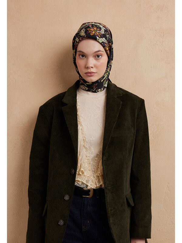 Fresh Scarfs Enya Desen Pamuk İpek Eşarp Siyah